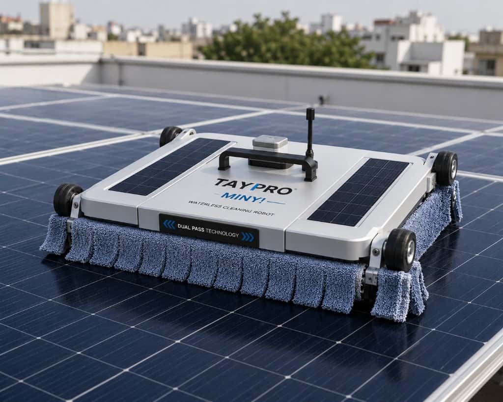 Taypro MINY waterless rooftop solar panel cleaning robot on commercial panels