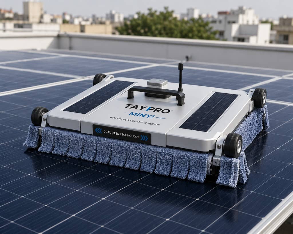 Taypro MINY waterless rooftop solar panel cleaning robot on commercial panels