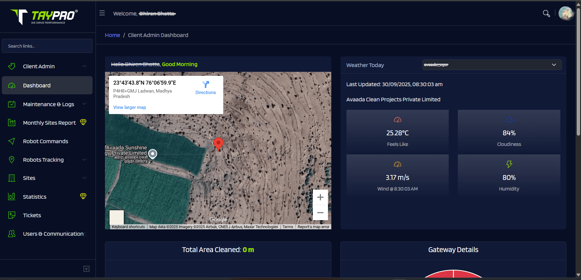 Taypro Console - Solar Panel Cleaning Robot Monitoring Dashboard for fleet management and remote control