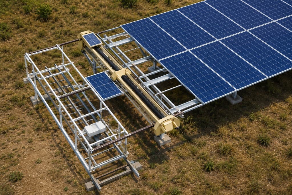Aerial view of Taypro CRADYL docking station integrated on solar panel rows