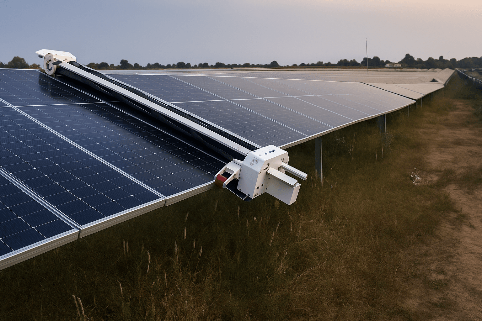 Taypro Single-Axis Tracker Solar Panel Cleaning Robot Model-T operating on solar panel array