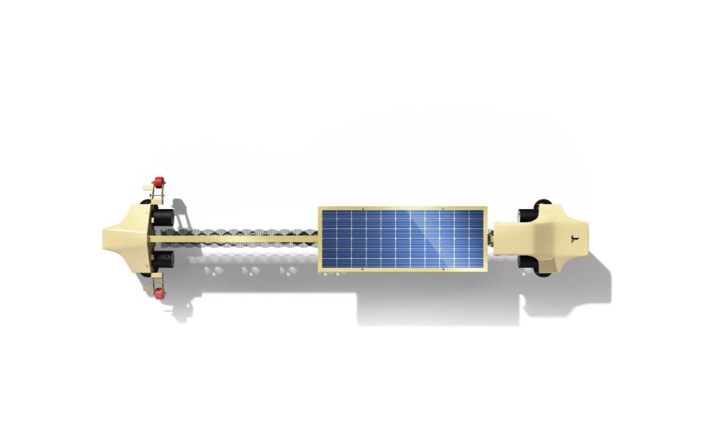 Taypro NYUMA-X automatic tracker cleaning robot, top-down view showing integrated solar panel and PBT cleaning frame