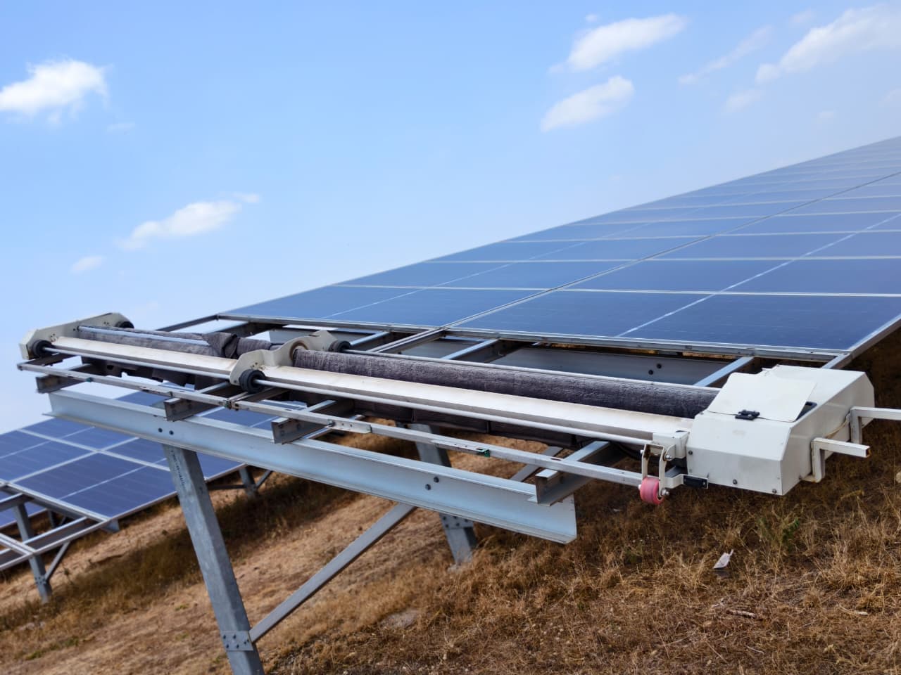 Ahmadnagar-Durgaon Solar Plant Case Study: 5 MW Waterless Robotic Cleaning Deployment in Maharashtra, solar panel cleaning robot project, 5 MW · Maharashtra · Ground Mount · 0 auto robots ...