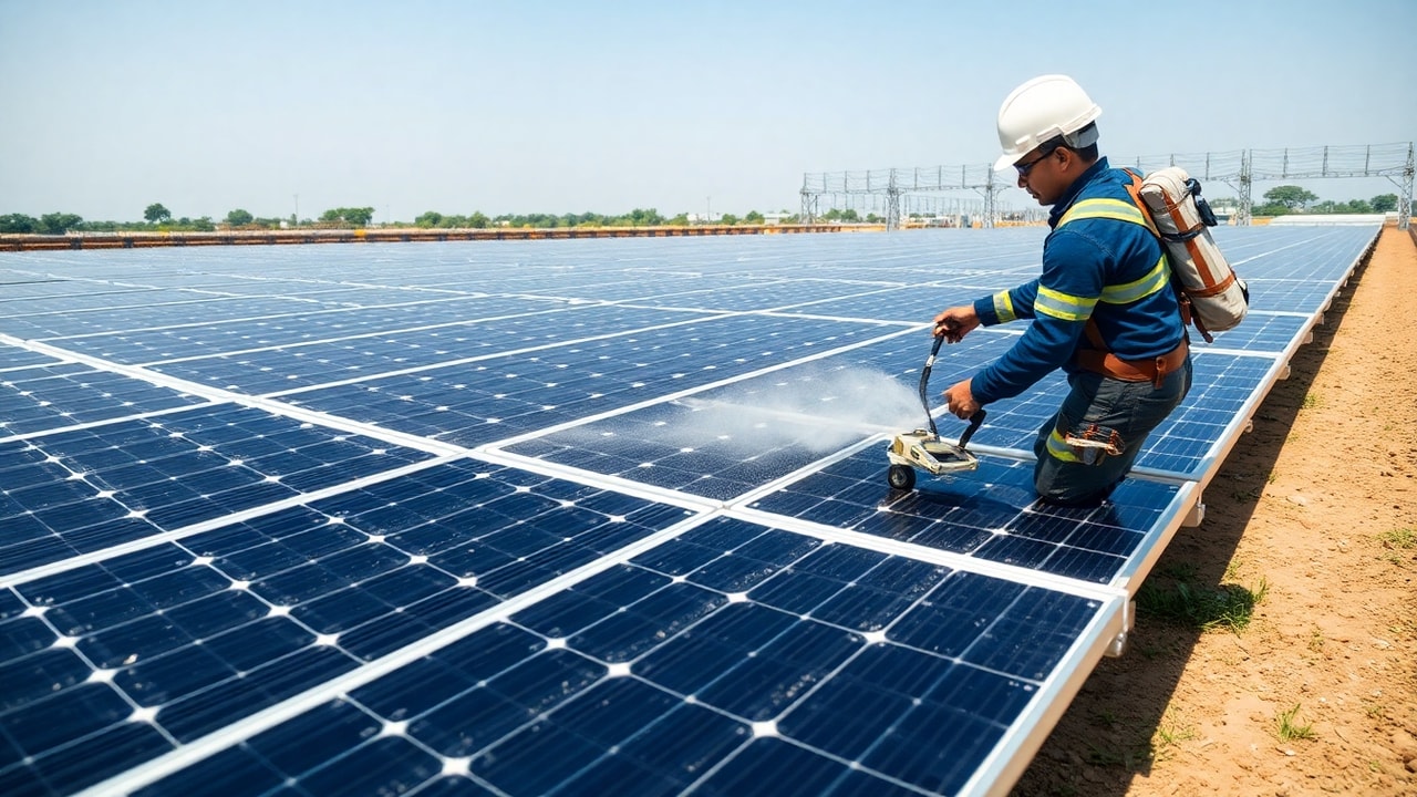 PV Module Supplier Plant Maintenance: Strategies for O&M Integration, inline view of utility-scale solar operations in India related to pv module supplier plant maintenance