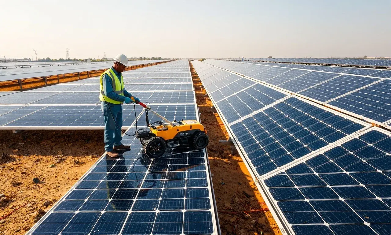 Bird Droppings and Organic Soiling: O&M Strategies for Indian PV, utility-scale solar plant in India illustrating bird droppings organic soiling cleaning challenges