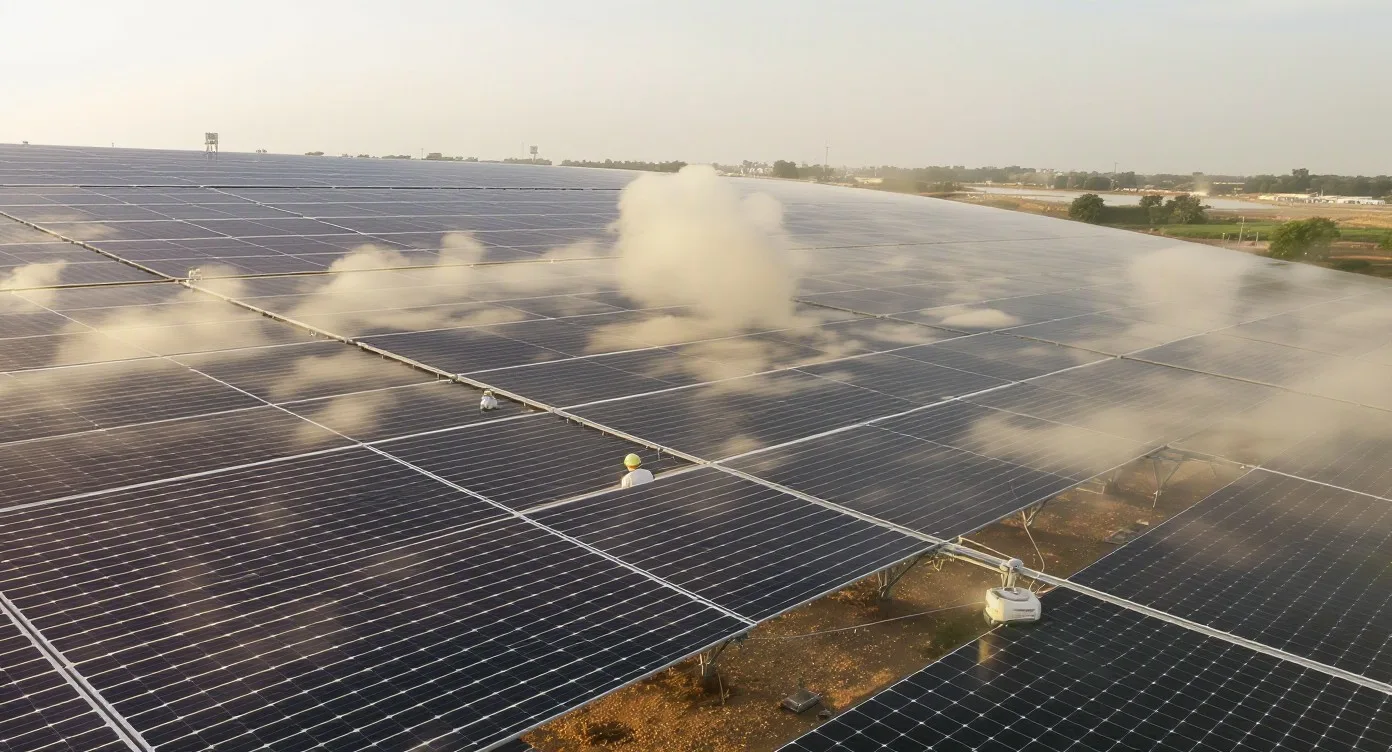 Floating Solar Panel Cleaning Challenges for Indian Reservoir Projects, utility-scale solar plant in India illustrating floating panel cleaning challenges reservoir projects